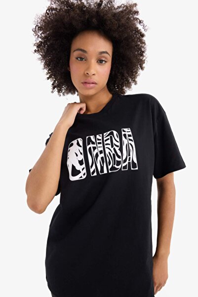 DeFacto Tricou cu mânecă scurtă, cu guler rotund, supradimensionat, cu logo N...