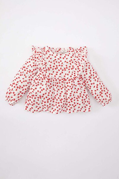 DeFacto Baby Girl Crew Neck Linen Look Floral Long Sleeve Blouse B9798A524Sp