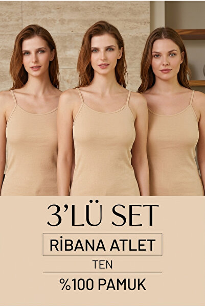 Berrak 3'lü Kadın İp Askı Pamuklu Atlet Ten Rengi