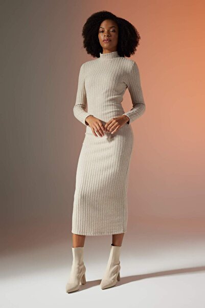 DeFacto Bodycon Body-Hugging Basic Plain Half Turtleneck Thick Ribbed Knit Lo...