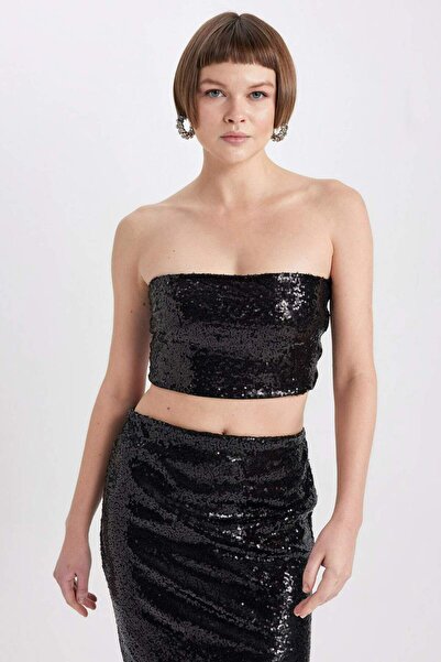 DeFacto Струмний блуз з вузьким кроєм, без бретелей, з паєтками B7637AX23WN