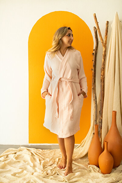 Mia روب حمام/رداء منزلي من 4 طبقات من قماش الموسلين موديل كيمونو باللون الورد...