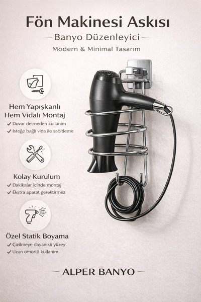 Alper Banyo Krom Kare Fön Makinesi Askılığı | Saç Kurutma Makinesi Tutucu | Y...