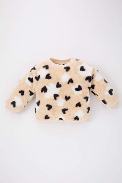 DeFacto Crew Neck Heart Patterned Soft Fuzzy Inside W Welsoft Fleece Plush Sw...