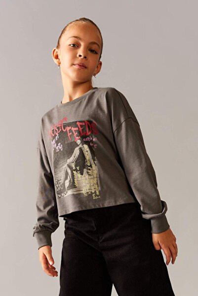 DeFacto Girl Child Cropped Bicycle Collar Printed Long Sleeve T-Shirt B3711A8...