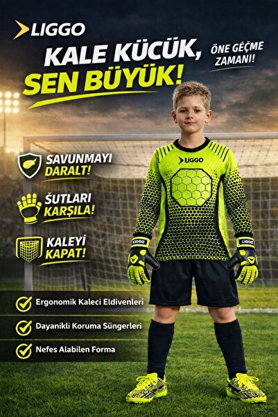 Liggo Çocuk Kaleci Eldiveni Göğüs Sünger Destekli Çocuk Higuita Kaleci Forma Şort Çorap Takımı