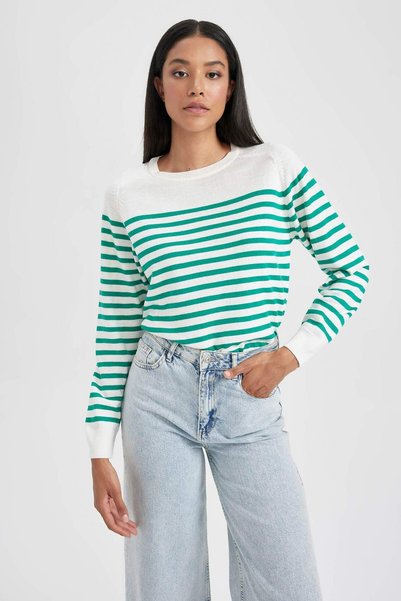 DeFacto Regular Fit Soft Textured Crew Neck Striped Knitwear Sweater Z1317Az23Wn