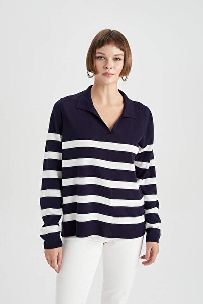 DeFacto Pruhovaný pletený svetr s pólem Regular Fit 3113771