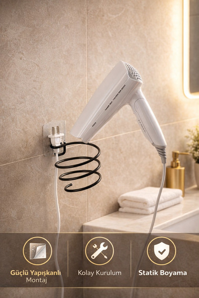 Alper Banyo Lepilni crni organizator za sušilo za kosu u kupatilu | Moderan d...