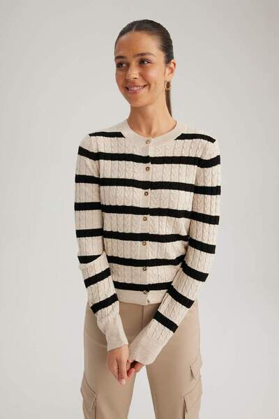 DeFacto سترة تريكو برقبة دائرية وقصة عادية مخطط A2138AX23WN