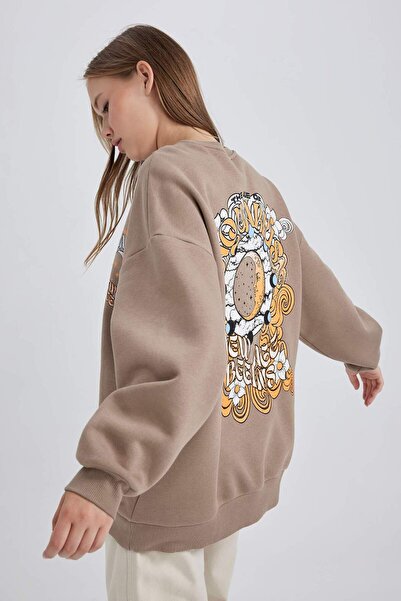 DeFacto Cool Oversize Fit Wide Fit Crew Neck Back Potištěná mikina z tlusté t...