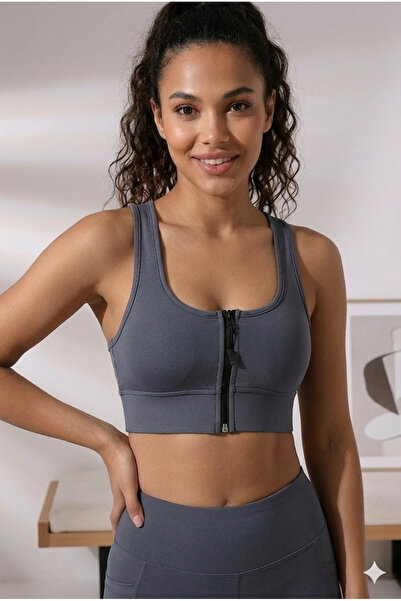 Derucce Füme Pedli Fermuarlı Spor Büstiyer - Sports Bra / Crop Destekli Sporc...
