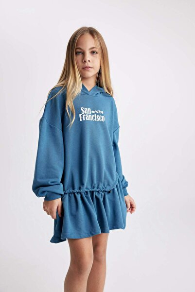 DeFacto Girl's Hooded Printed Sweat Dress B2585A823Au