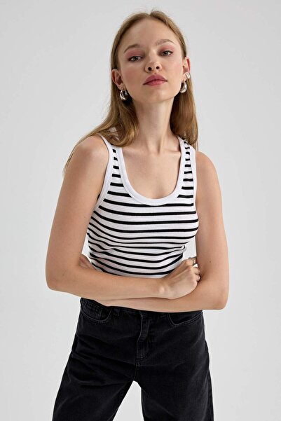 DeFacto Fitted U Neck Striped Corded Fabric Ribbed Knit Athlete A8271Ax23Sm