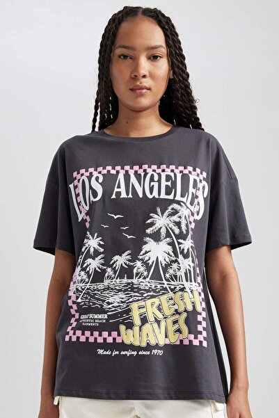 DeFacto Oversize kroj Široka majica okrugla kragna Štampano kratkih rukava 10...