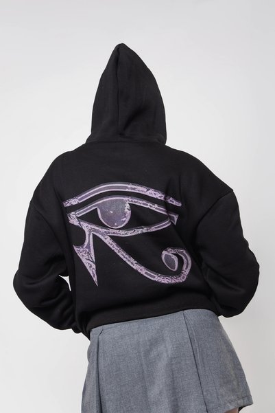 Sekizbiraltı Hanorac negru unisex Eye Of Horus cu imprimeu supradimensionat