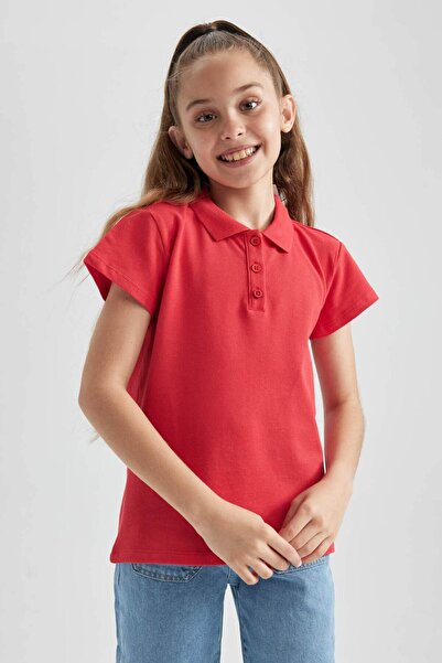 DeFacto Pamuklu Kısa Kollu Basic Düz Polo Tişört Kız Çocuk B0671A8NS