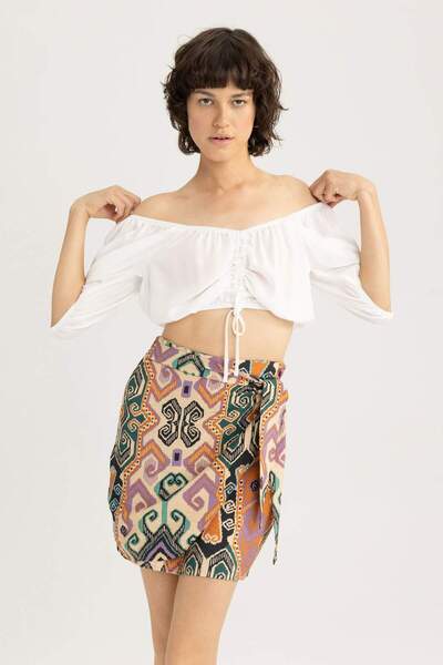 DeFacto Bluză cu mânecă scurtă, cu decolteu în V, model Krinkıl viscoză A9127...