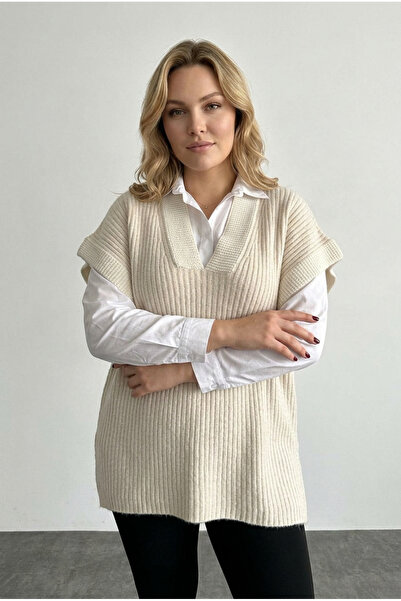 Stil Diva Pulover de tricotaj cu mânecă scurtă, cu decolteu în V, mărime mare...