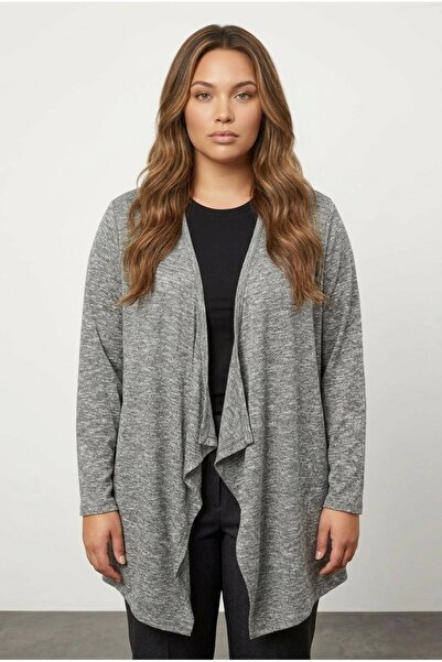 Stil Diva Plus Size Non-Closing Front Long Sleeve Asymmetrical Cut Thin Cardi...