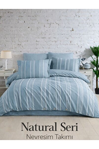 The Quaris Naturel Çift Kişilik Nevresim Takımı Turkuaz 4 Yastıklı %80 Pamuk Çizgili Premium Seri