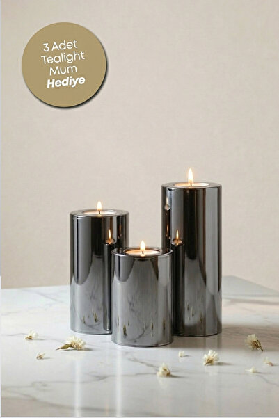 PRİME HOME 3 Lü Füme Krom Parlak Yüzey Mumluk Dekoratif  Tealight Set Mum Abs...