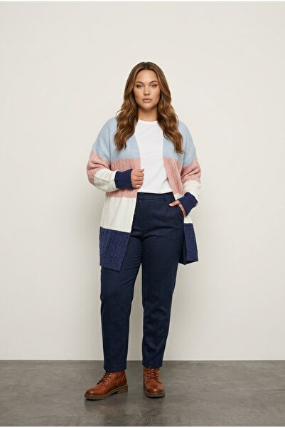 Stil Diva Large Size Long Sleeve Closure Front Color Block Knitwear Cardigan ...