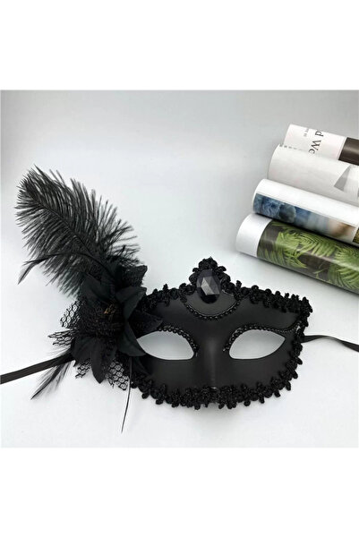 Skygo Black matte color party prom venetian mask with side feather and rose d...
