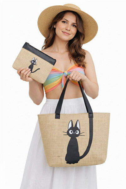 Woys Bags Torba za plažu i torba za šminku sa kožnom ručkom i slamnatim mater...