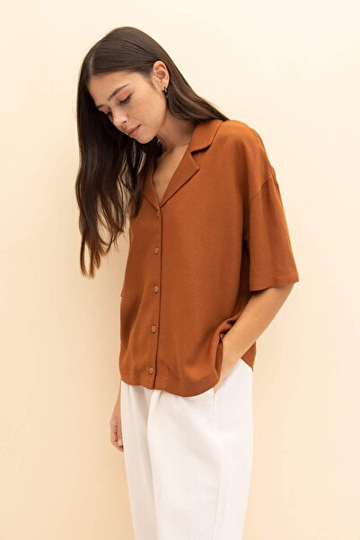 DeFacto Relax Fit Pijama Yaka Linen Blended Short Sleeve Shirt U2927Az23Sm