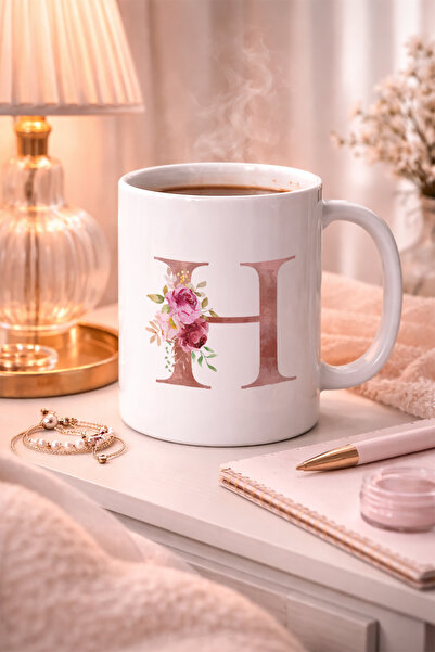 hit nokta H Harfli Çiçek Tasarımlı Porselen Kahve Kupası – Floral Minimal Har...