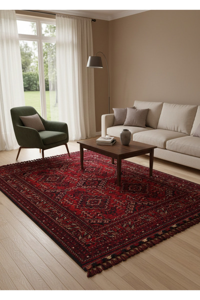 Kalesta Halı Şiraz 05 Red Afgan El Dokuma Desenli Hav Toz Vermez Salon, Mutfa...