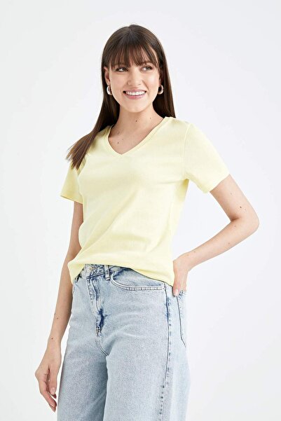 DeFacto Slim Fit Slim Fit V λαιμόκοψη Rib Basic μονόχρωμο 100% βαμβακερό κοντ...