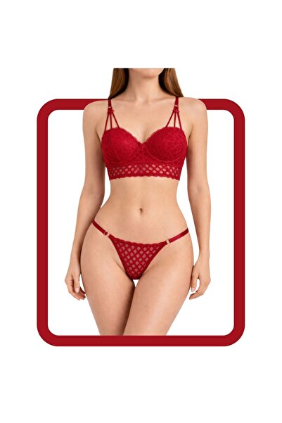 ZARVIA Kırmızı Lotus Dantelli Balenli Sütyen Tanga İç Çamaşır Takım