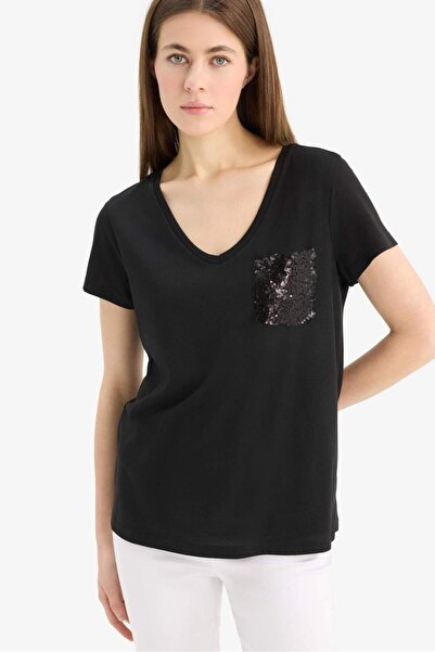 DeFacto Tričko Regular Fit s výstřihem do V a flitry s krátkým rukávem U3769A...