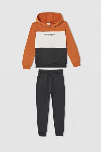 DeFacto Boy's Hooded Printed Soft Furry Inside Sweatshirt Tracksuit Bottom Se...