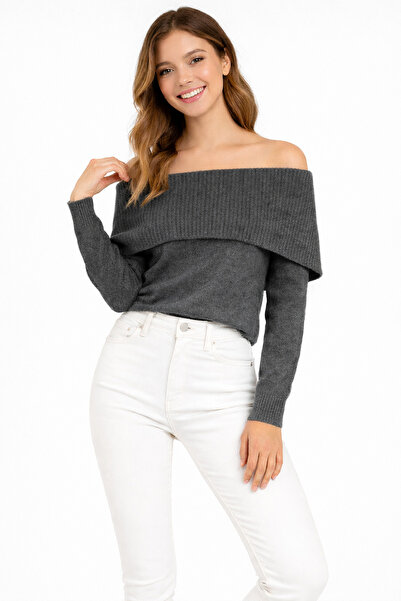 RTD&VLD Kadın Vita-197 Deyzi Şal Yaka Triko Kazak Gri