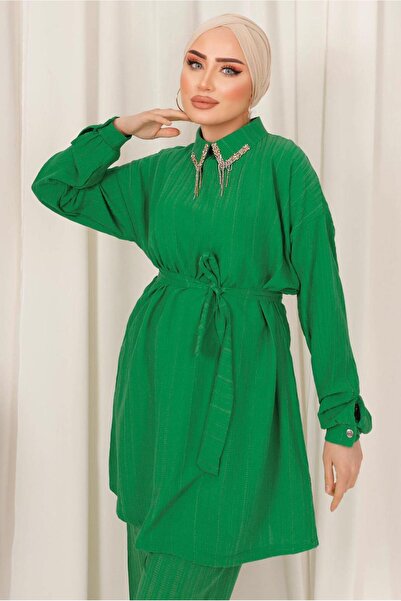 TRENDTESETTÜR Kadın Yeşil (BENETTON) Yakası Taş Detaylı Ikili Pantolonlu Takı...