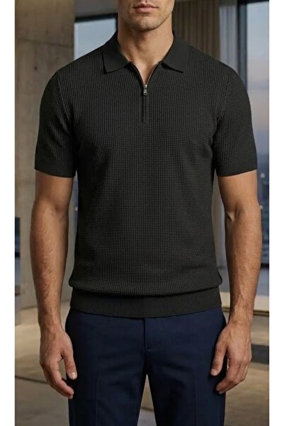 LİBASSİNİ Men's Slim Fit Polo Collar Zipper Embossed Patterned Polyamide Stre...