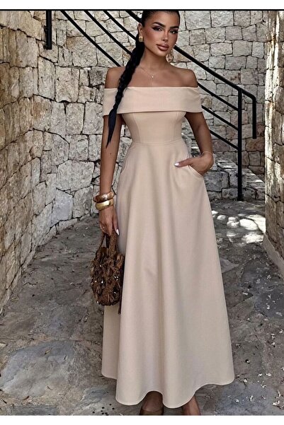 TANISA Beige Creil Strappy Double Fabric Long Dress Tns-4423