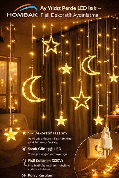 Hombak Ramazan Ledi Gün Işığı 3 m Ay Yıldız LED Perde Işık – Ay & Yıldız Şekl...