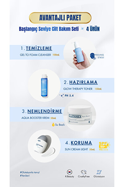 GLUTANEX Başlangıç Seviye 4 Adımlı Kore Cilt Bakım Seti – Cleanser, Toner, Aq...