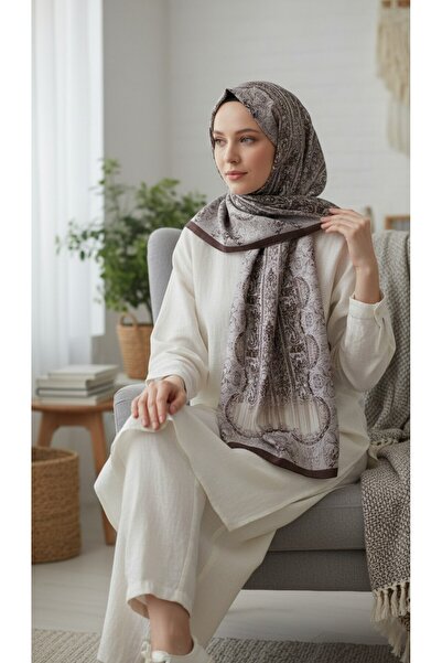 LEİLA SCARF İthal Vual İpek Şal Kahve Krem şal 75x180cm
