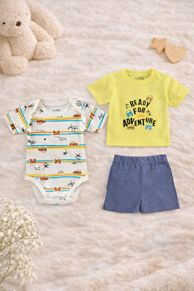 luay طقم مكون من 3 قطع من القطن، تي شيرت أصفر، شورت وبدلة داخلية، مناسب للجنس...