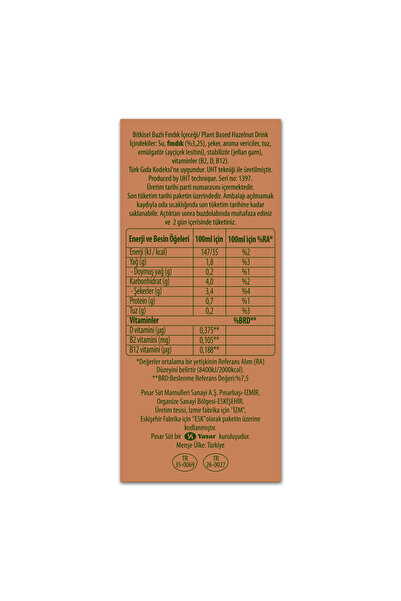 Pınar Nature Blend Bitkisel Bazlı Fındık İçeceği 1 L Vegan Laktozsuz x 4 Adet