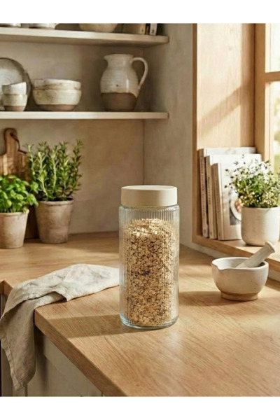 leelaHOME Glass Storage Container with Plastic Lid 1350 ml - Cream