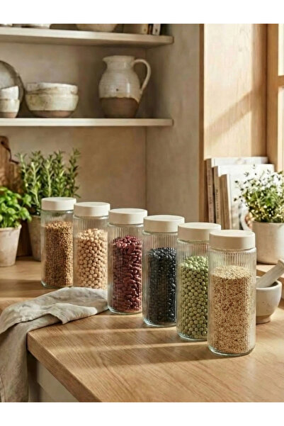 leelaHOME Set of 6 Glass Storage Containers with Plastic Lids 1350 ml - Cream