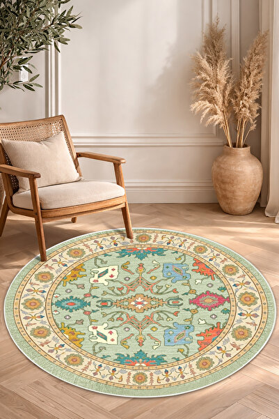 Decomia Home Dijital Kaymaz Yıkanabilir Renkli Vintage Yuvarlak Salon Halısı ...