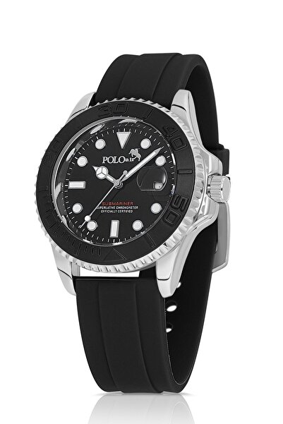 Polo Air ساعة يد رجالية - تقويم مرجاني، سوار سيليكون، لون أسود فضي PL-0941E1x