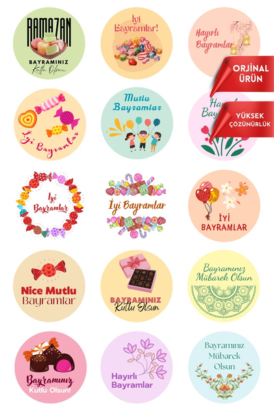 Bimotif 300 adet İyi Bayramlar sticker, 4cm (Hayırlı Bayramlar, Ramazan Bayra...